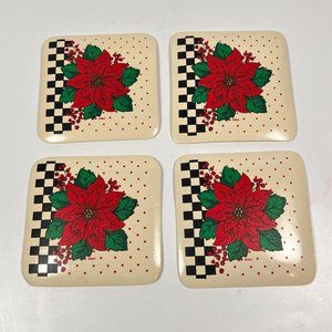 Vtg Poinsettia Christmas Drink Coasters Beermats Red White Art Print B&D Set 4